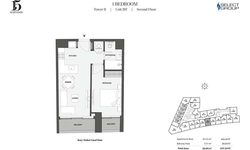 Tower B, 1 Bedroom, Unit 207, Second Floor